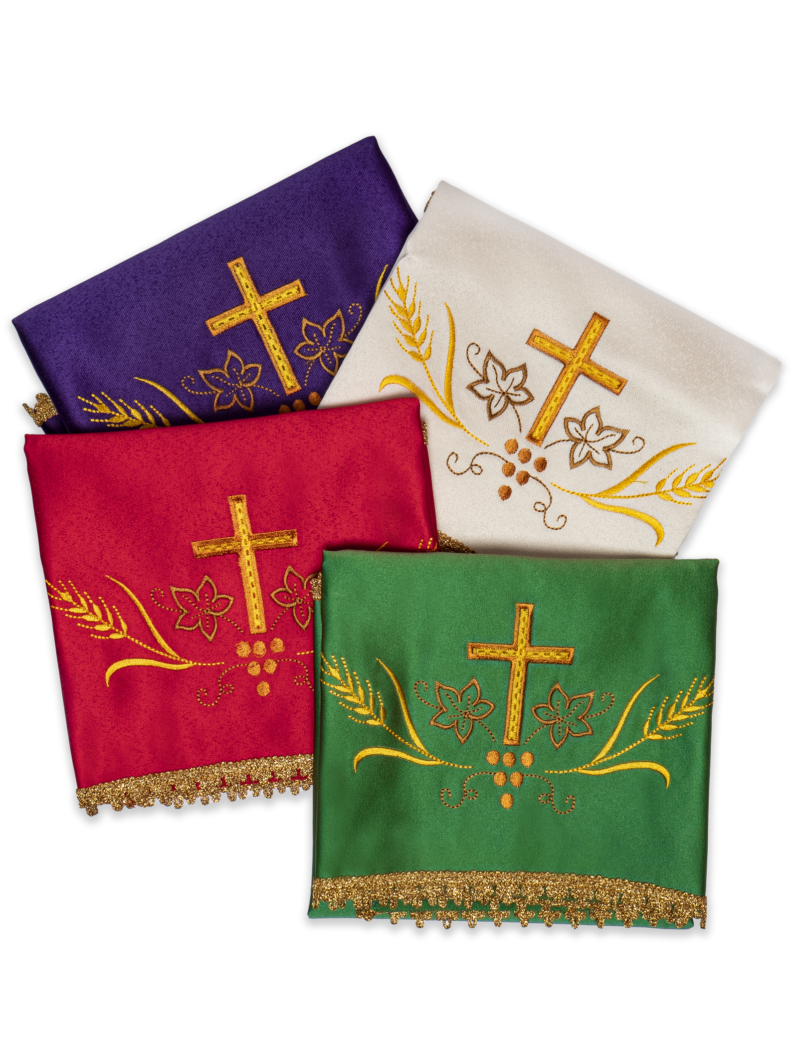 Zestaw 4 welonów na kielich z haftem krzyża w 4 kolorach liturgicznych