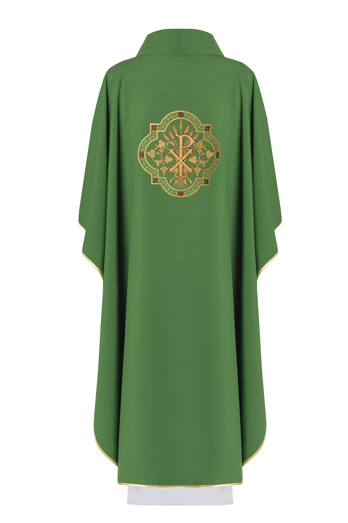 Zielony ornat liturgiczny z haftem IHS i PAX