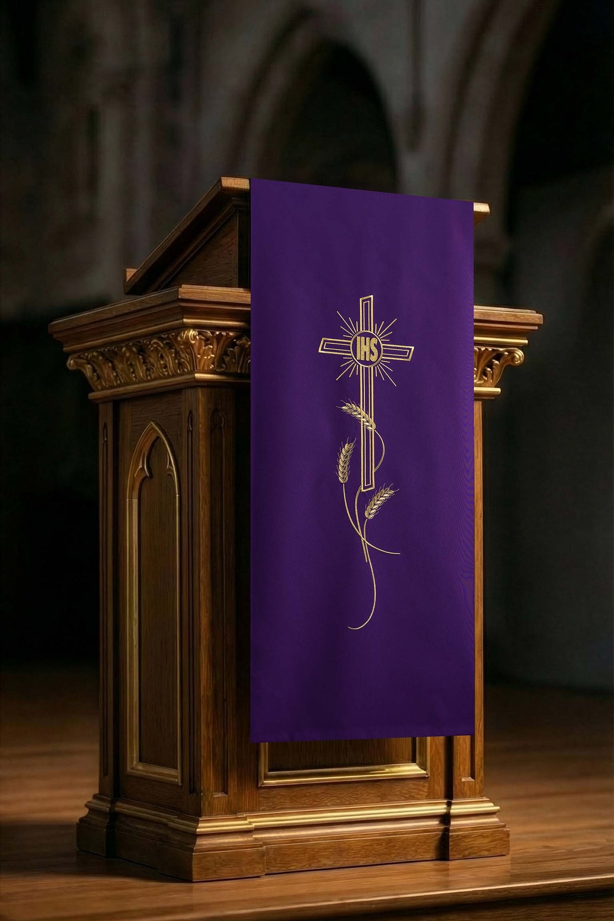 Nakrycie na Lektorium Fioletowe Haft Krzyż IHS - Liturgia Kościoła