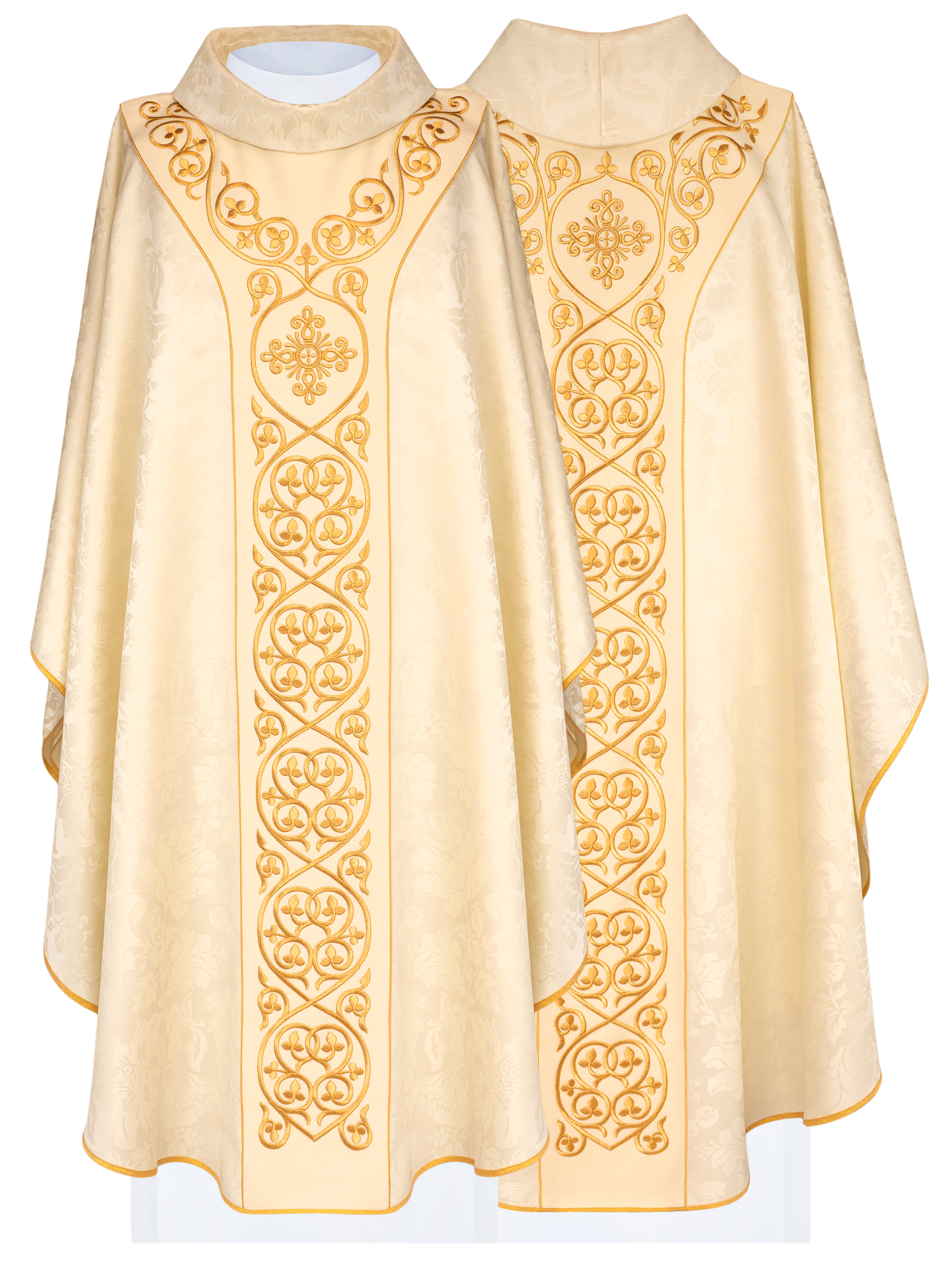 Ornat liturgiczny ecru z aksamitnym haftowanym pasem i złoto-satynową lamówką