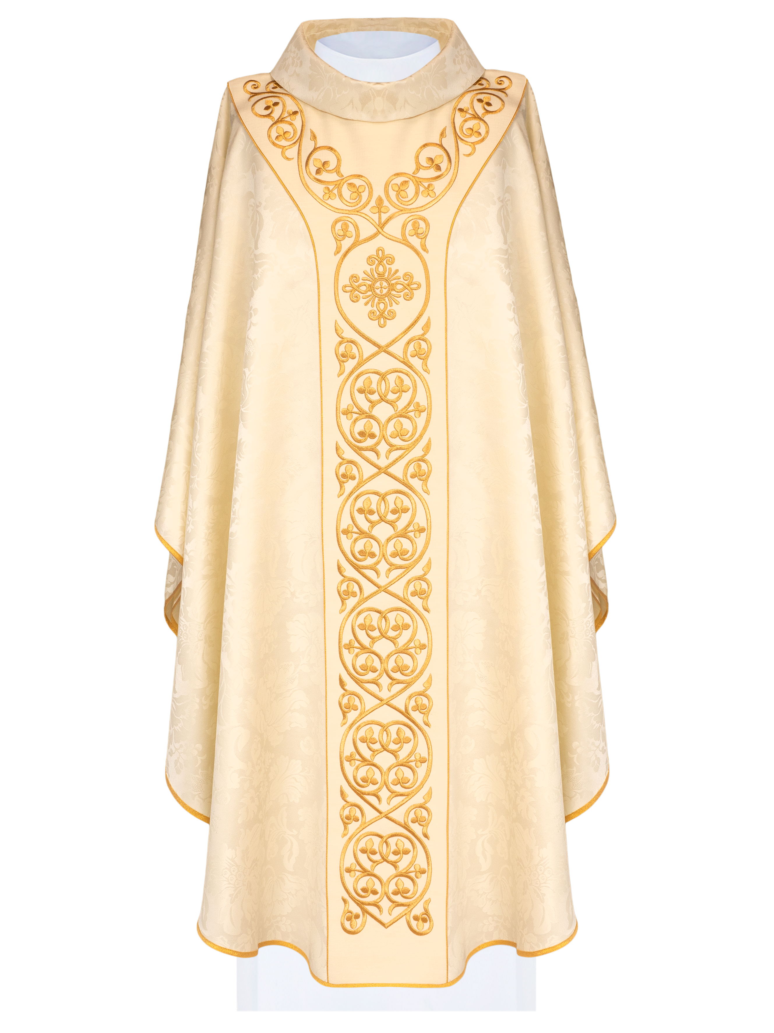 Ornat liturgiczny ecru z aksamitnym haftowanym pasem i złoto-satynową lamówką