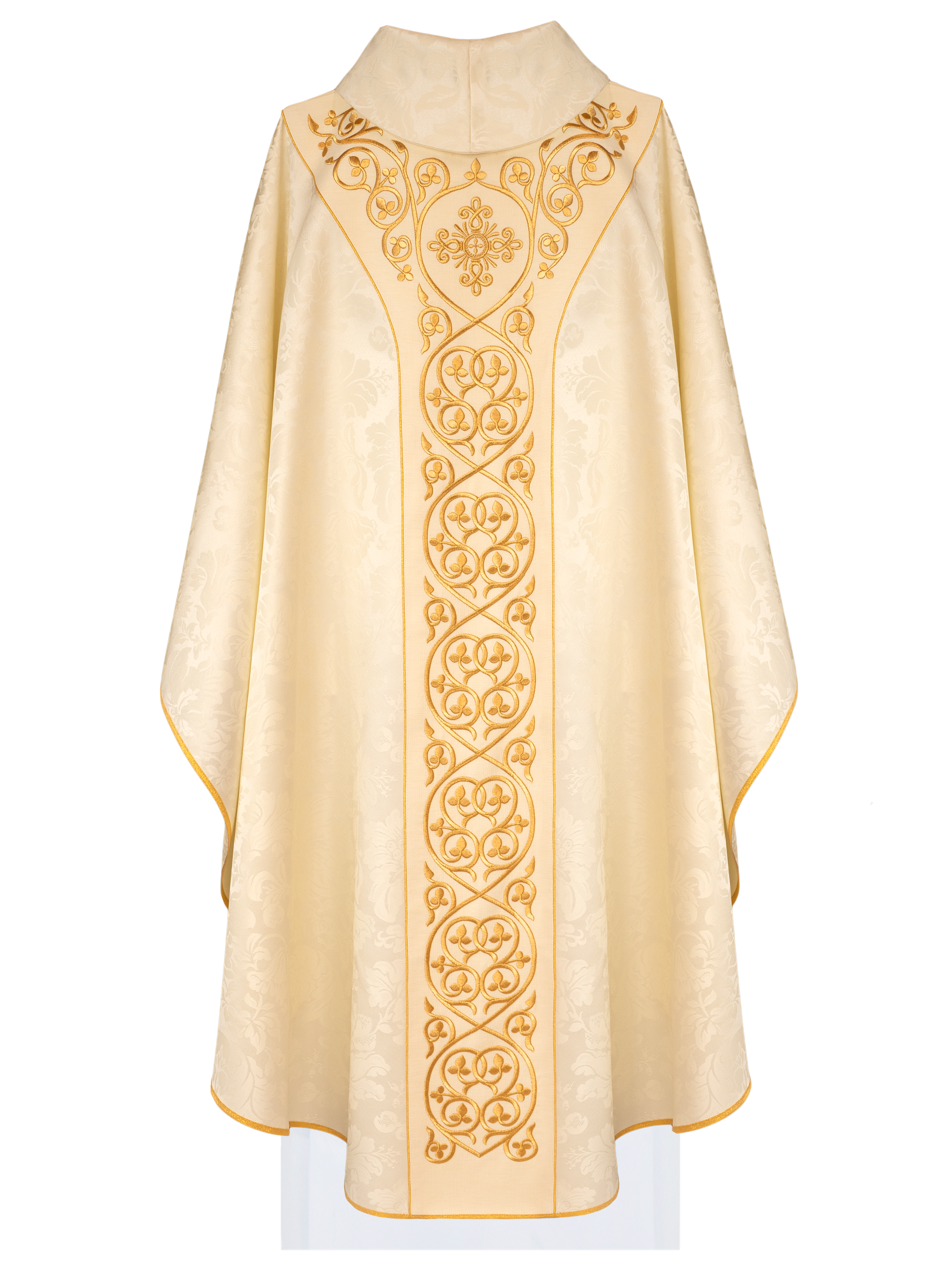 Ornat liturgiczny ecru z aksamitnym haftowanym pasem i złoto-satynową lamówką