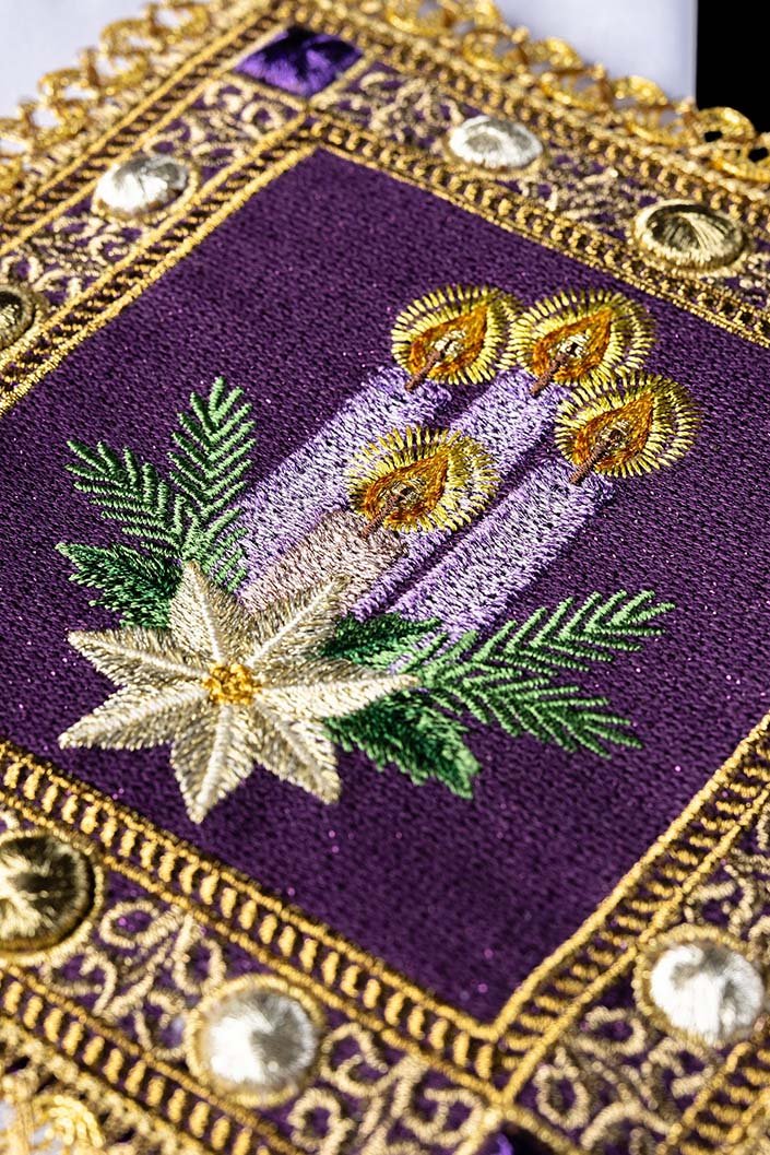 Bielizna Kielichowa Adwent - Haftowane Świece, Komplet 4 el. - SZATYLITURGICZNE.PL