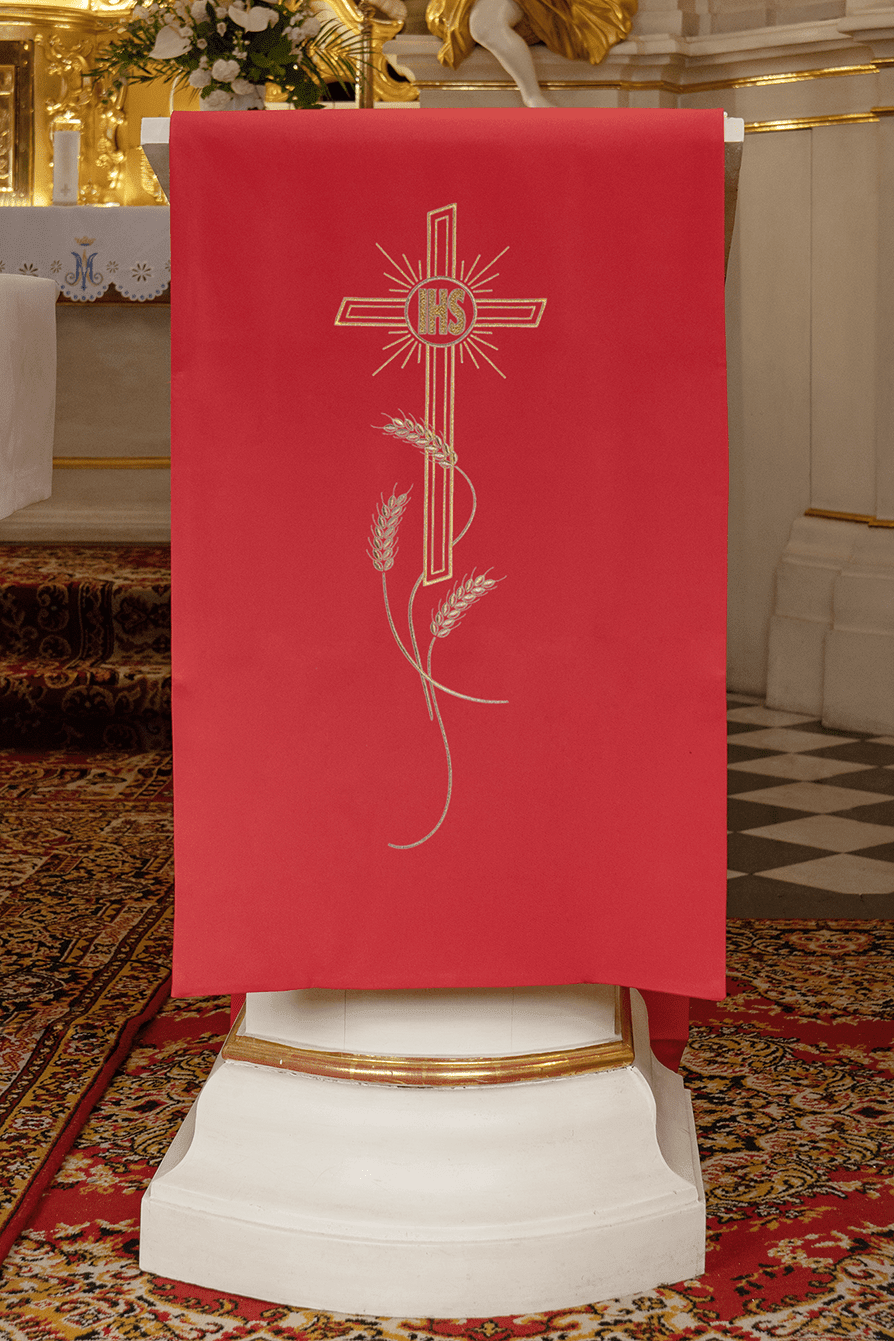 Czerwona Serweta Liturgiczna na Lektorium - Krzyż i IHS - SZATYLITURGICZNE.PL