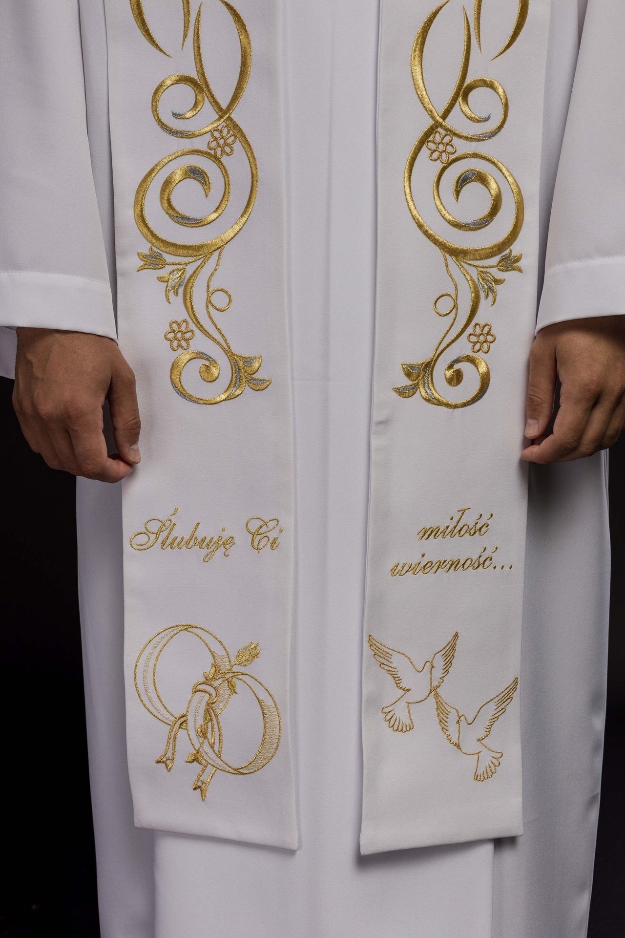 Długa Stuła Ślubna Haftowana z Napisem - Biała Liturgiczna - SZATYLITURGICZNE.PL
