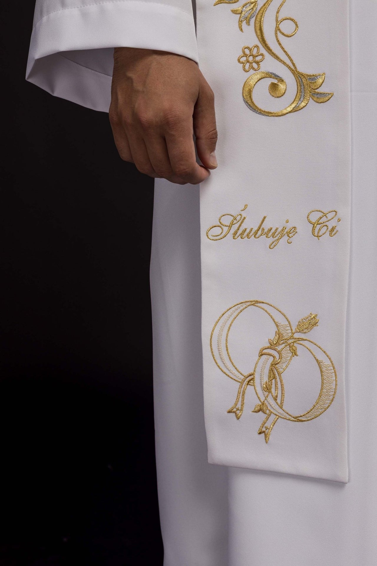 Długa Stuła Ślubna Haftowana z Napisem - Biała Liturgiczna - SZATYLITURGICZNE.PL