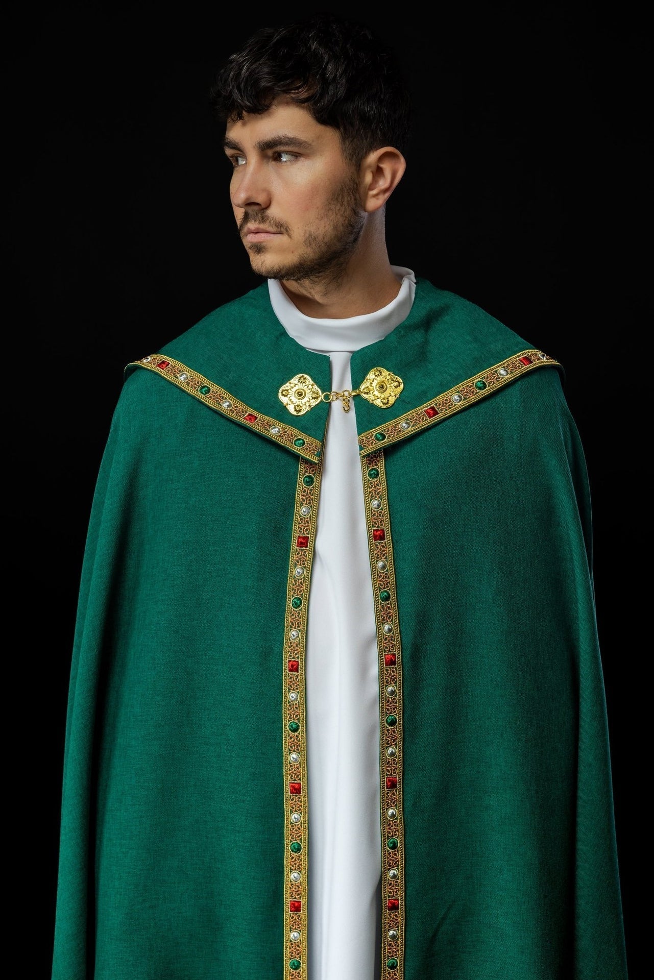 Kapa Liturgiczna Zielona z Haftem IHS - Satyna Nabłyszczana - SZATYLITURGICZNE.PL