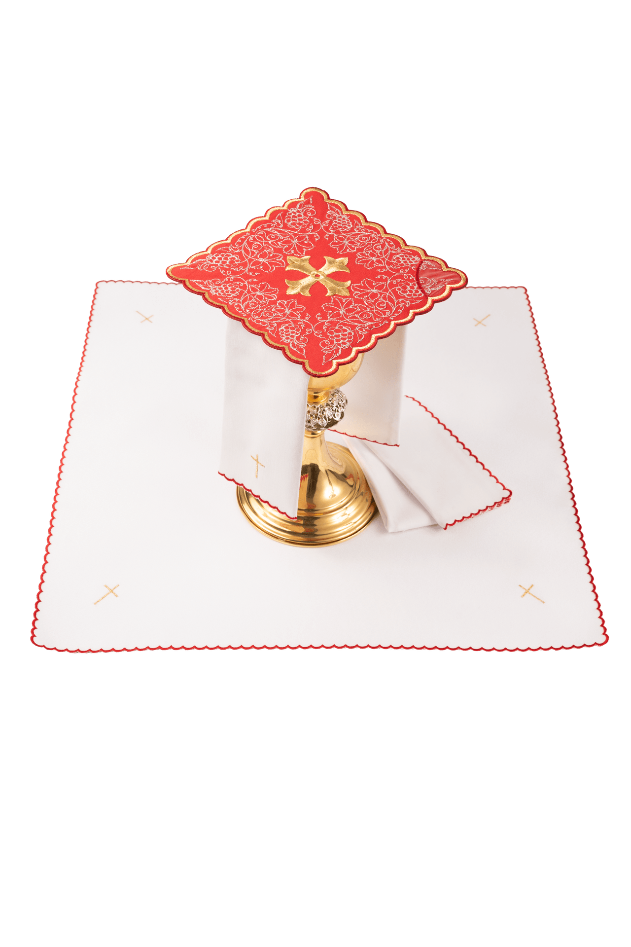 Komplet kielichowy haftowany z motywem krzyża czerwony - SZATYLITURGICZNE.PL