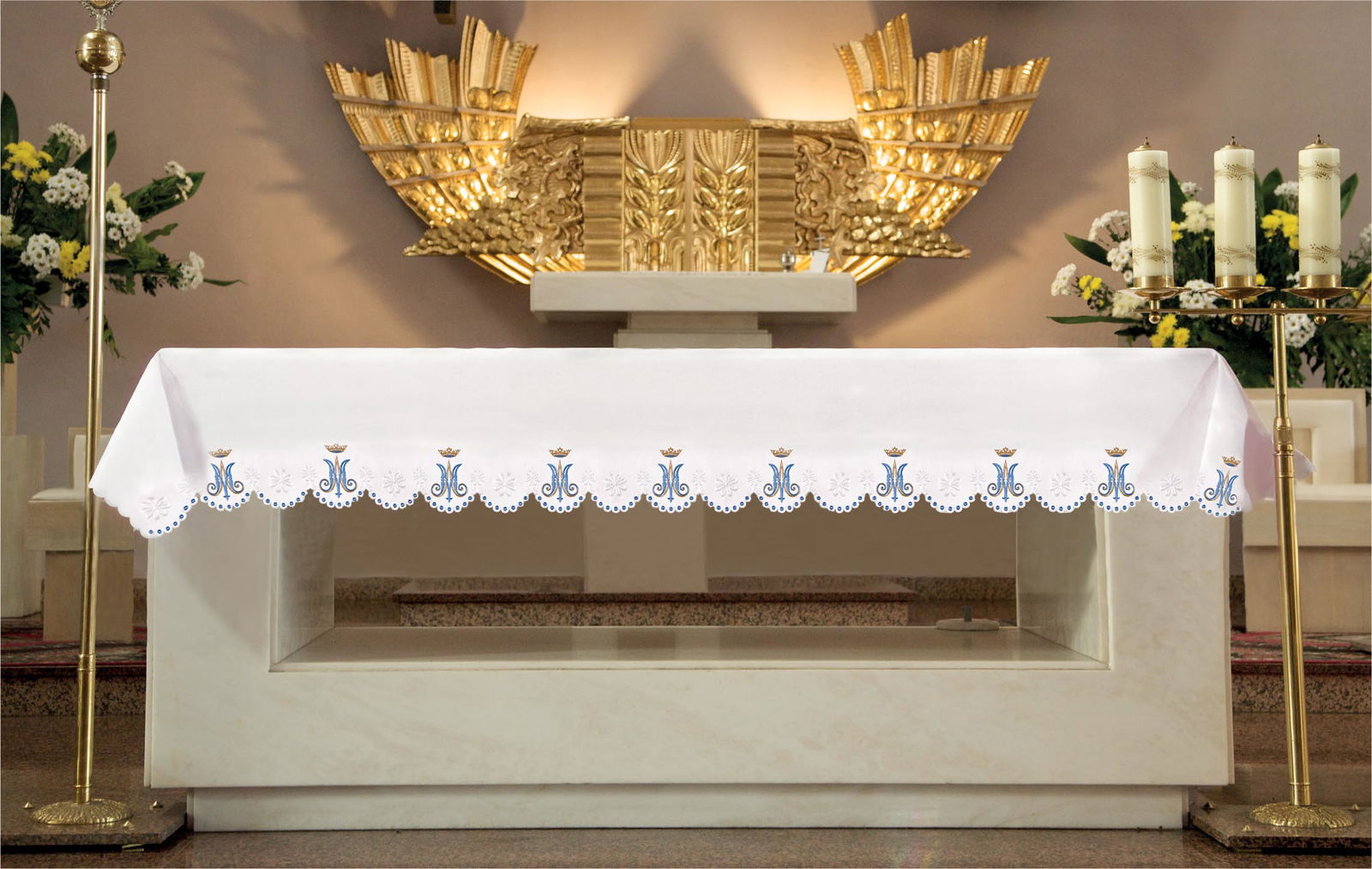 Obrus ołtarzowy z haftem czołowym z motywem maryjnym - SZATYLITURGICZNE.PL