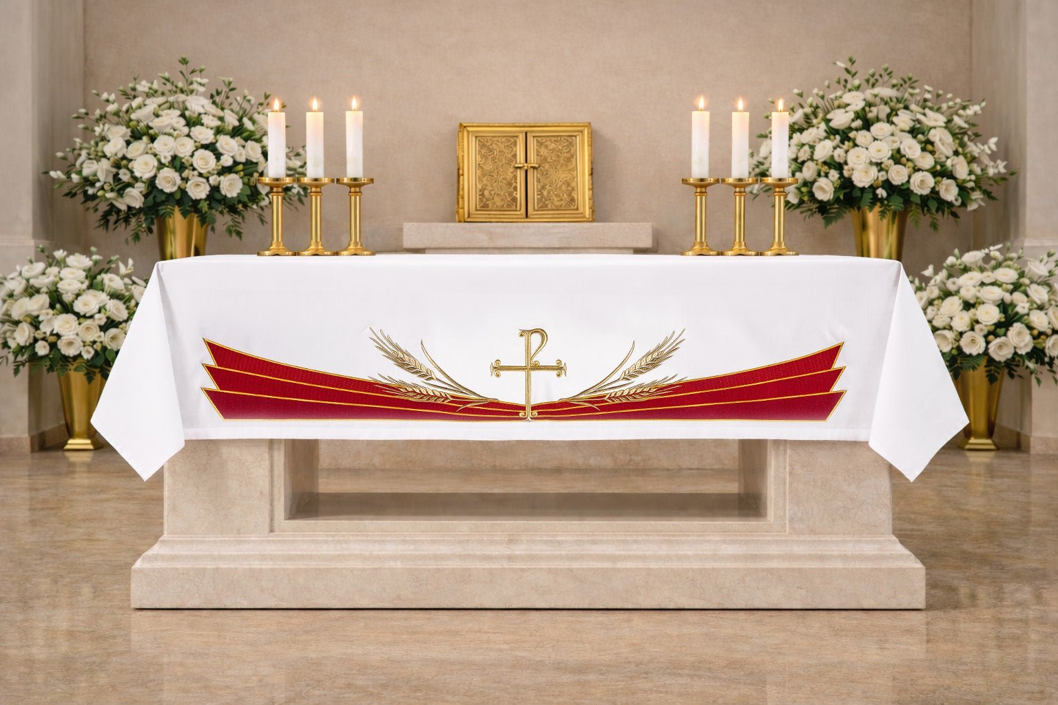 Obrus ołtarzowy z haftowanym symbolem Pax - SZATYLITURGICZNE.PL