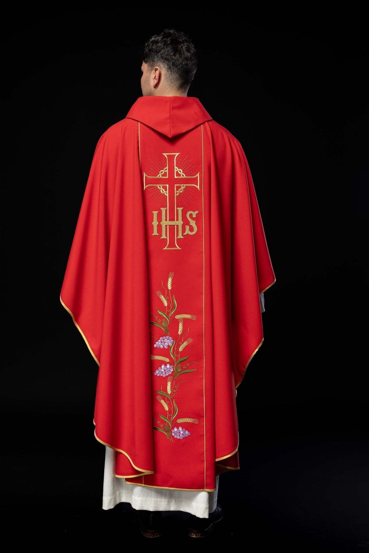 Ornat Czerwony IHS i Kłosy Złoty Pas - Szaty Liturgiczne - SZATYLITURGICZNE.PL