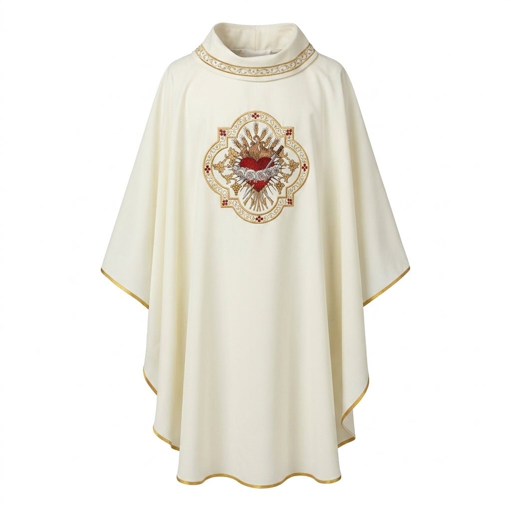 Ornat Ecru z Haftem Serca Maryi - Szaty Liturgiczne - SZATYLITURGICZNE.PL
