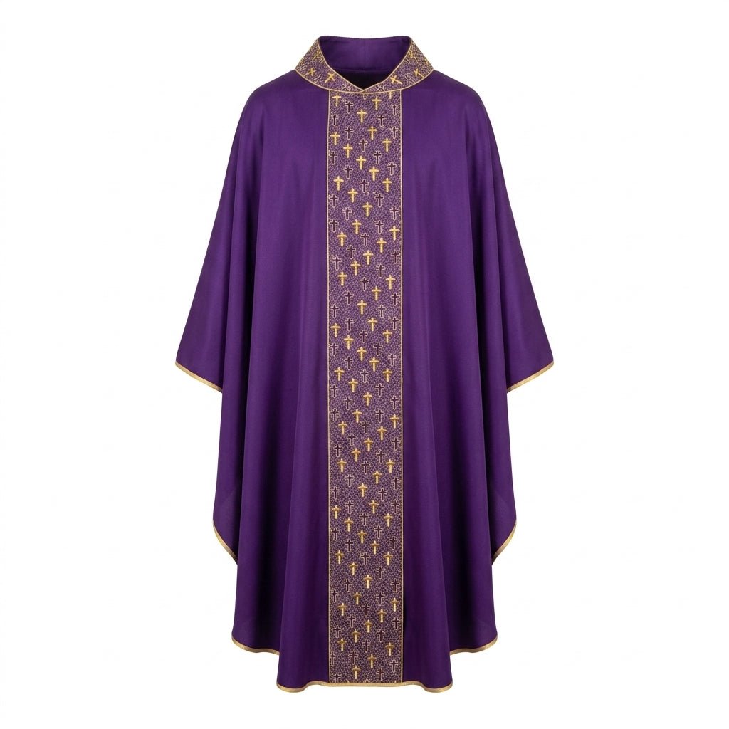 Ornat Fioletowy Haft Krzyże - Elegancka Szata Liturgiczna z Stułą - SZATYLITURGICZNE.PL