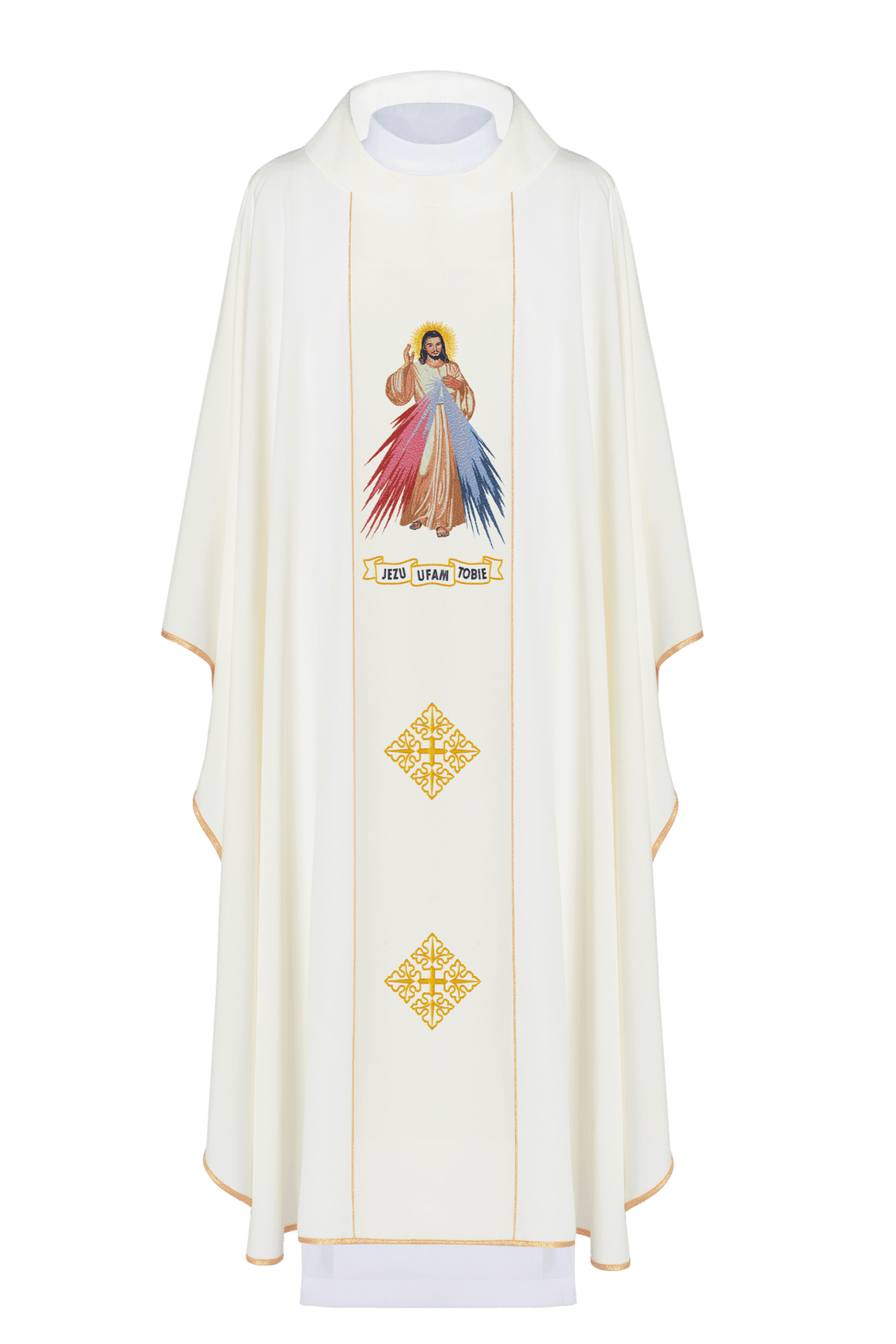 Ornat Haftowany Jezus Miłosierny i IHS ecru - SZATYLITURGICZNE.PL