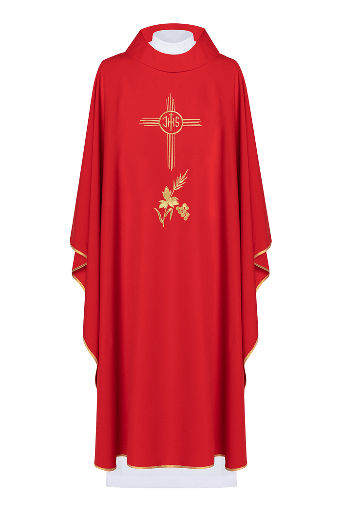 Ornat Liturgiczny Czerwony z Haftem IHS Złotą Nicią - SZATYLITURGICZNE.PL