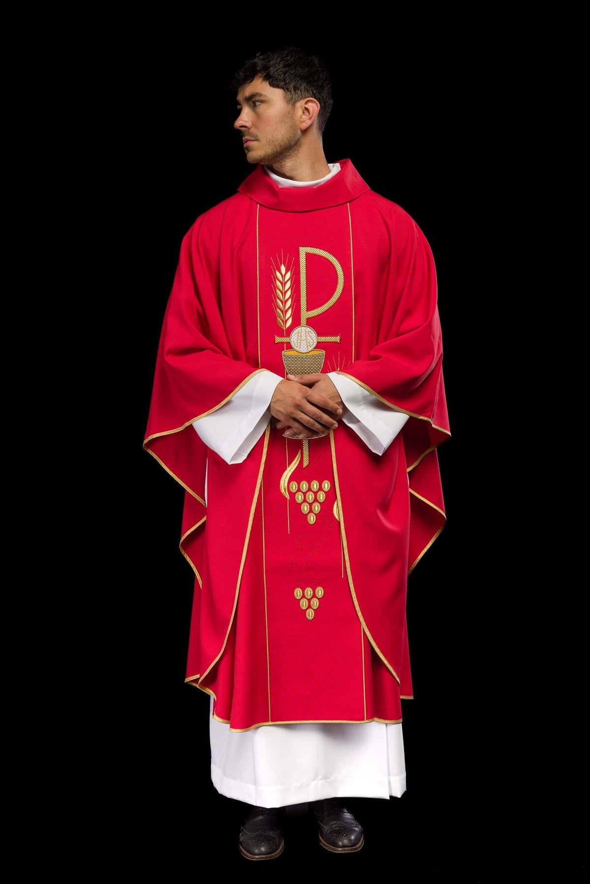 Ornat Liturgiczny Czerwony z Haftowanym Kielichem IHS - Komplet - SZATYLITURGICZNE.PL