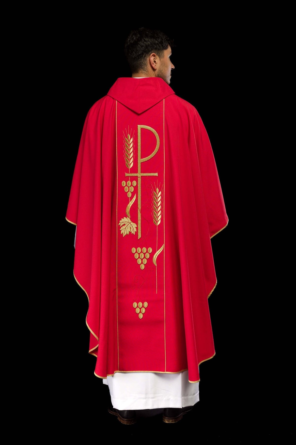 Ornat Liturgiczny Czerwony z Haftowanym Kielichem IHS - Komplet - SZATYLITURGICZNE.PL