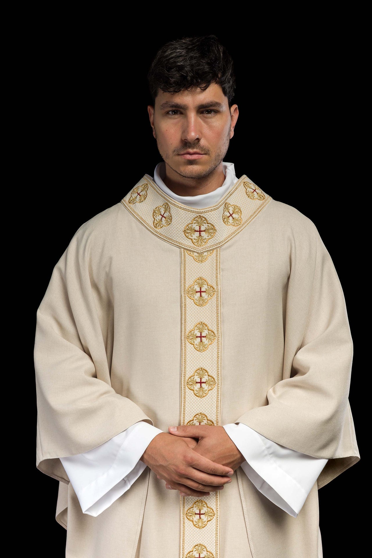 Ornat Liturgiczny Ecru Haft Krzyże - Stuła w Komplecie, Polska Produkcja - SZATYLITURGICZNE.PL
