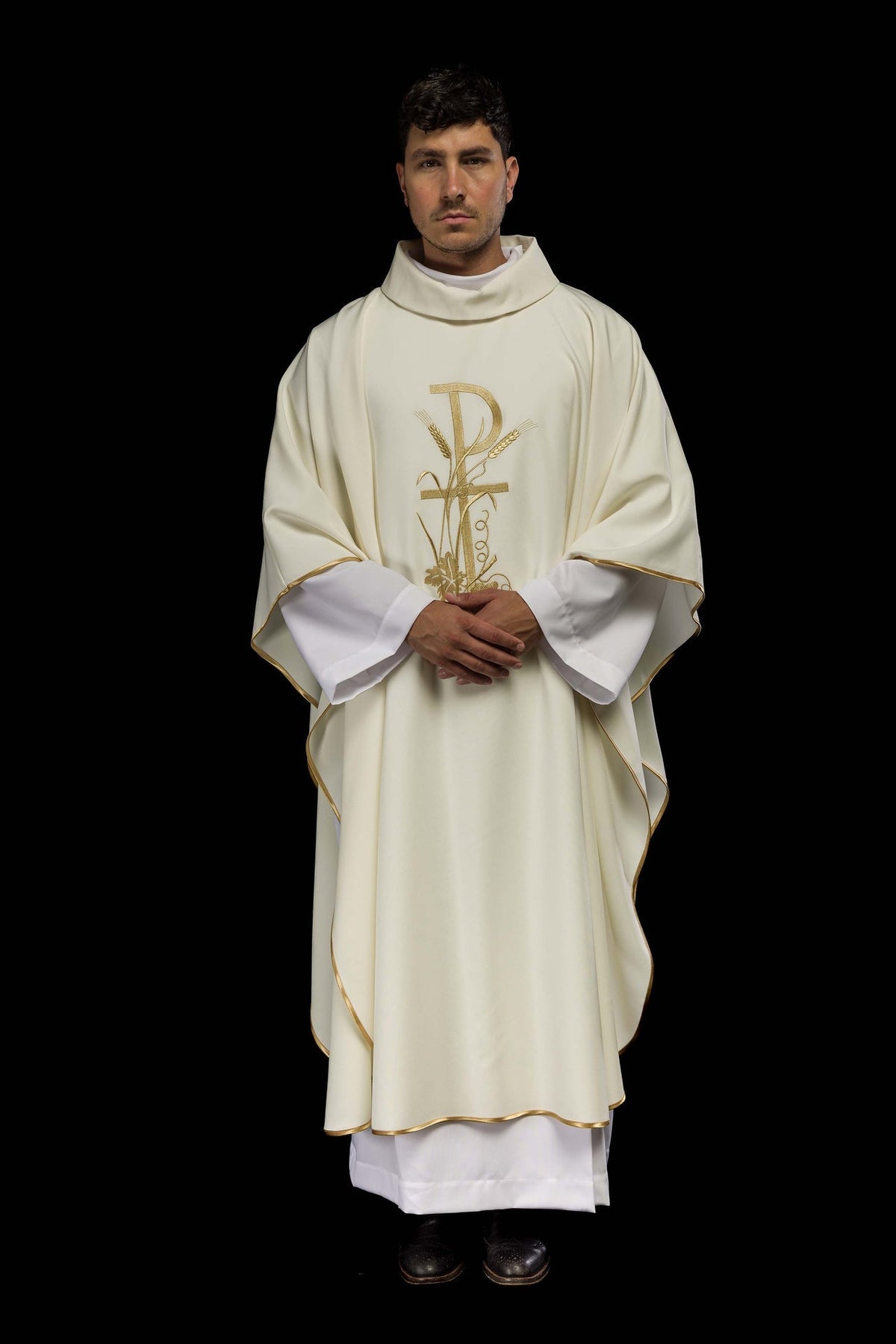 Ornat Liturgiczny Ecru Haft PAX Złota Lamówka - Komplet ze Stułą - SZATYLITURGICZNE.PL