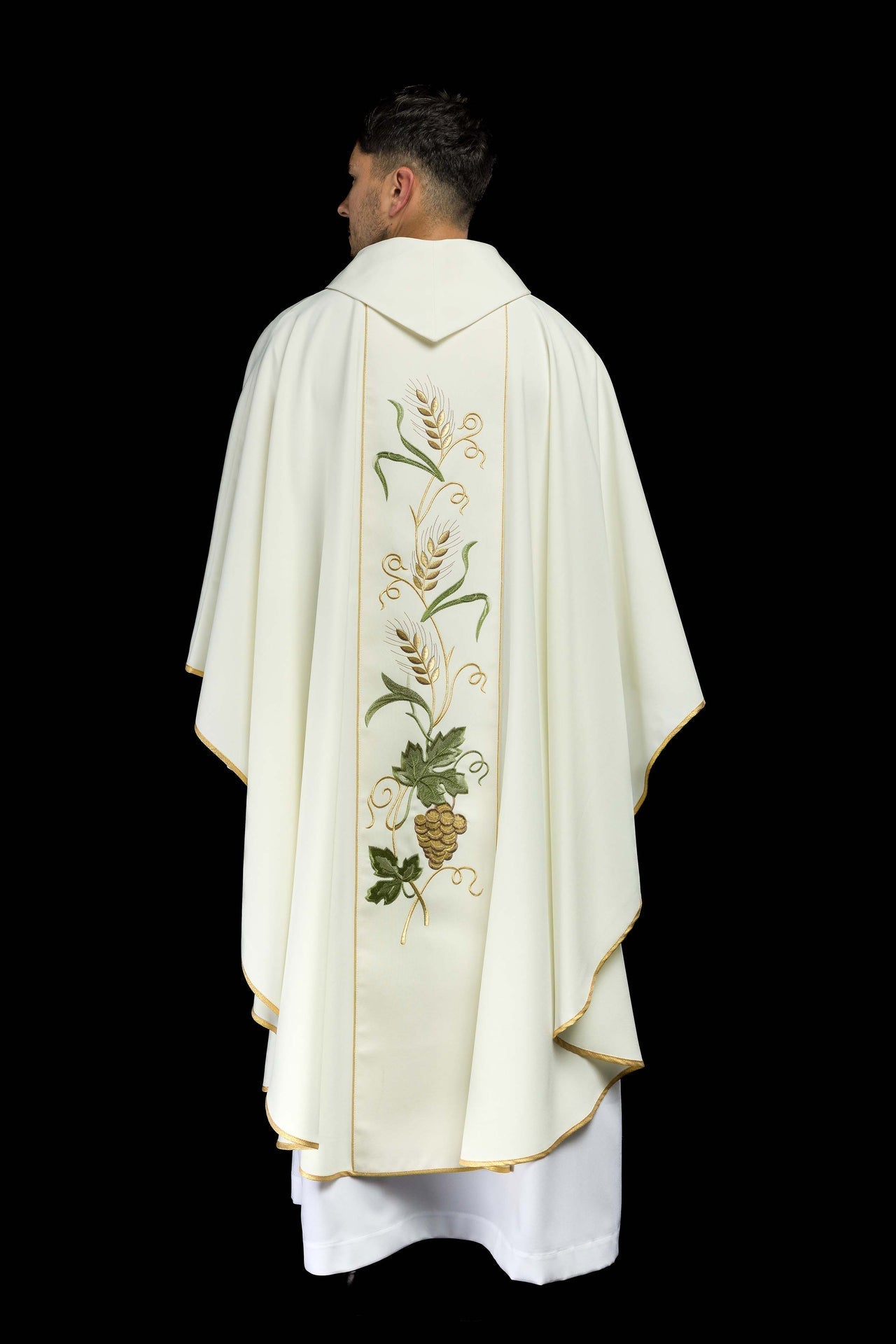 Ornat Liturgiczny Ecru IHS Kłosy i Winogrona - Haftowany Pas - SZATYLITURGICZNE.PL