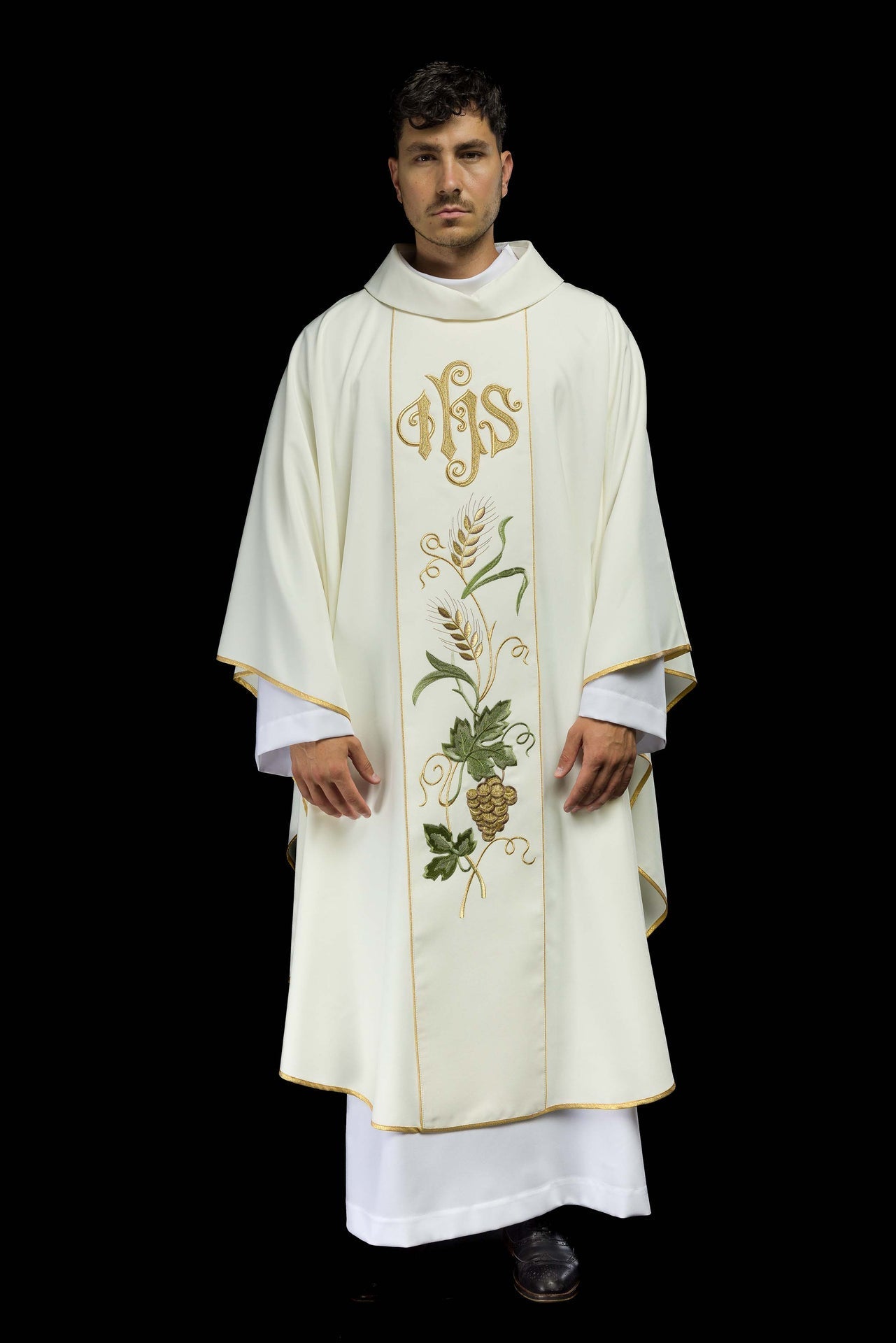 Ornat Liturgiczny Ecru IHS Kłosy i Winogrona - Haftowany Pas - SZATYLITURGICZNE.PL