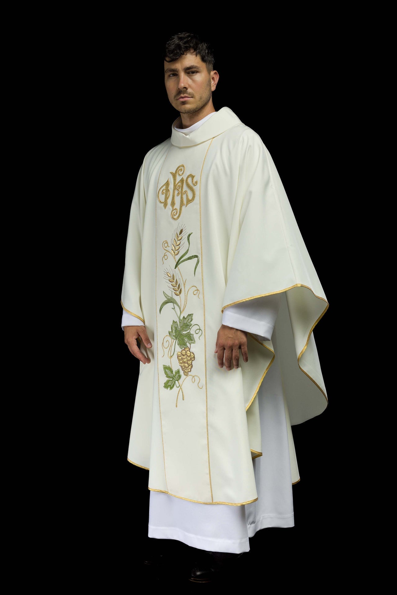 Ornat Liturgiczny Ecru IHS Kłosy i Winogrona - Haftowany Pas - SZATYLITURGICZNE.PL