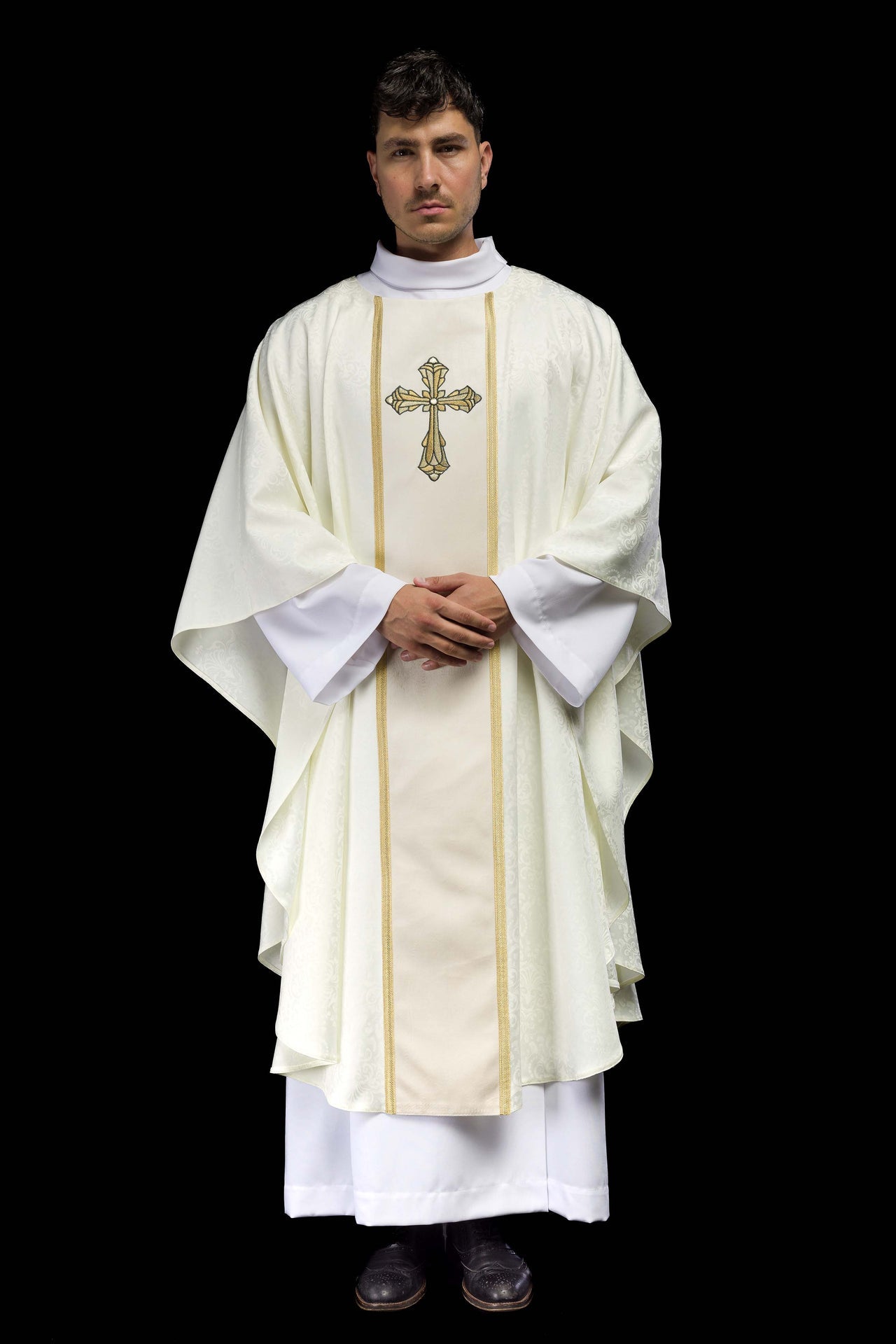 Ornat Liturgiczny Ecru Żakardowy z Haftem Krzyża Eucharystycznego - SZATYLITURGICZNE.PL