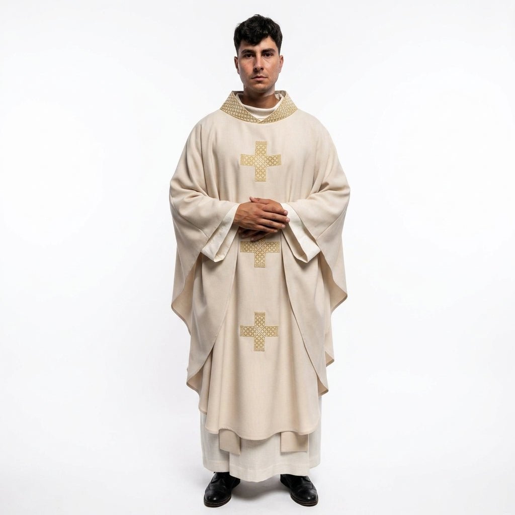 Ornat Liturgiczny Ecru ze Złotym Haftem Krzyży i Stułą - SZATYLITURGICZNE.PL