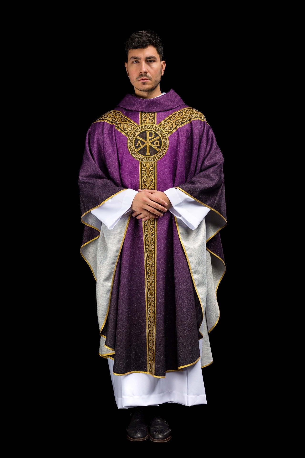 Ornat Liturgiczny Fioletowy Drukowany Pax ze Złotem - Adwent i Post - SZATYLITURGICZNE.PL