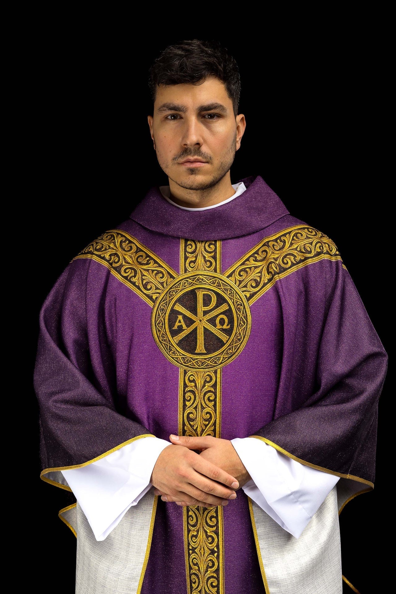 Ornat Liturgiczny Fioletowy Drukowany Pax ze Złotem - Adwent i Post - SZATYLITURGICZNE.PL