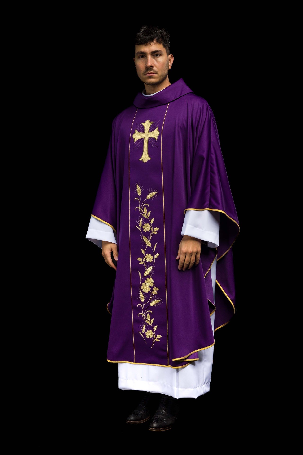 Ornat Liturgiczny Fioletowy Krzyż i Kłosy - Złoty Haft - SZATYLITURGICZNE.PL