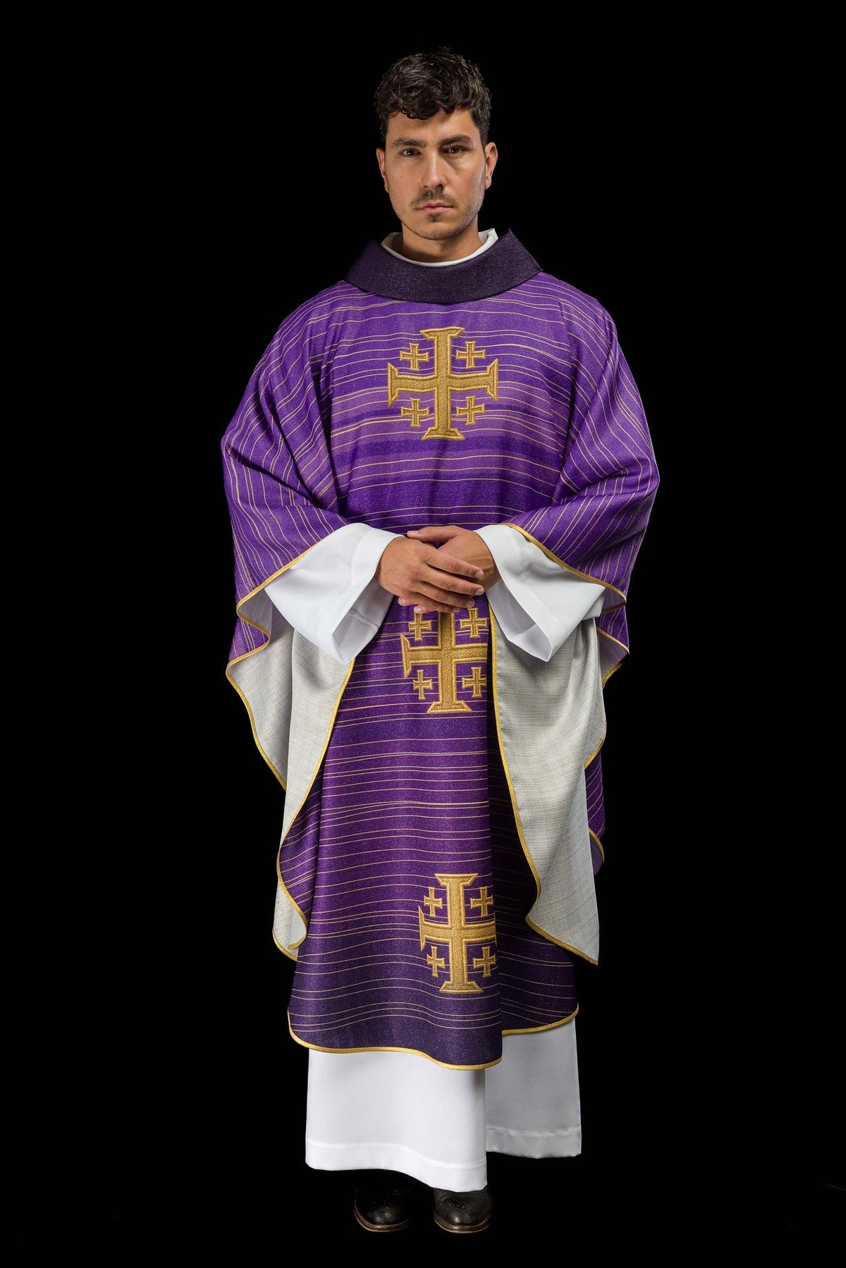 Ornat Liturgiczny Fioletowy Krzyż Jerozolimski Drukowany - SZATYLITURGICZNE.PL