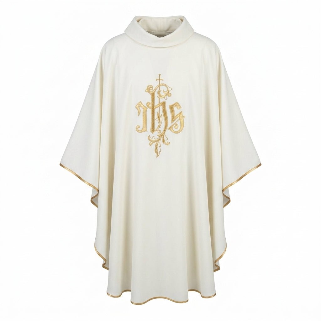 Ornat Liturgiczny Kremowy ze Złotym Haftem IHS - Elegancki - SZATYLITURGICZNE.PL