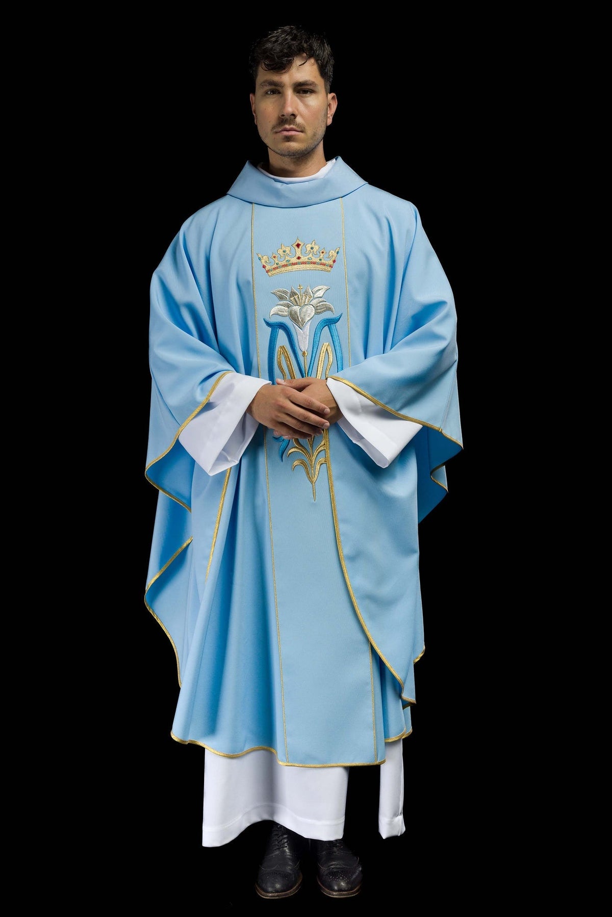 Ornat liturgiczny Maryjny haftowany z koroną Niebieski - SZATYLITURGICZNE.PL