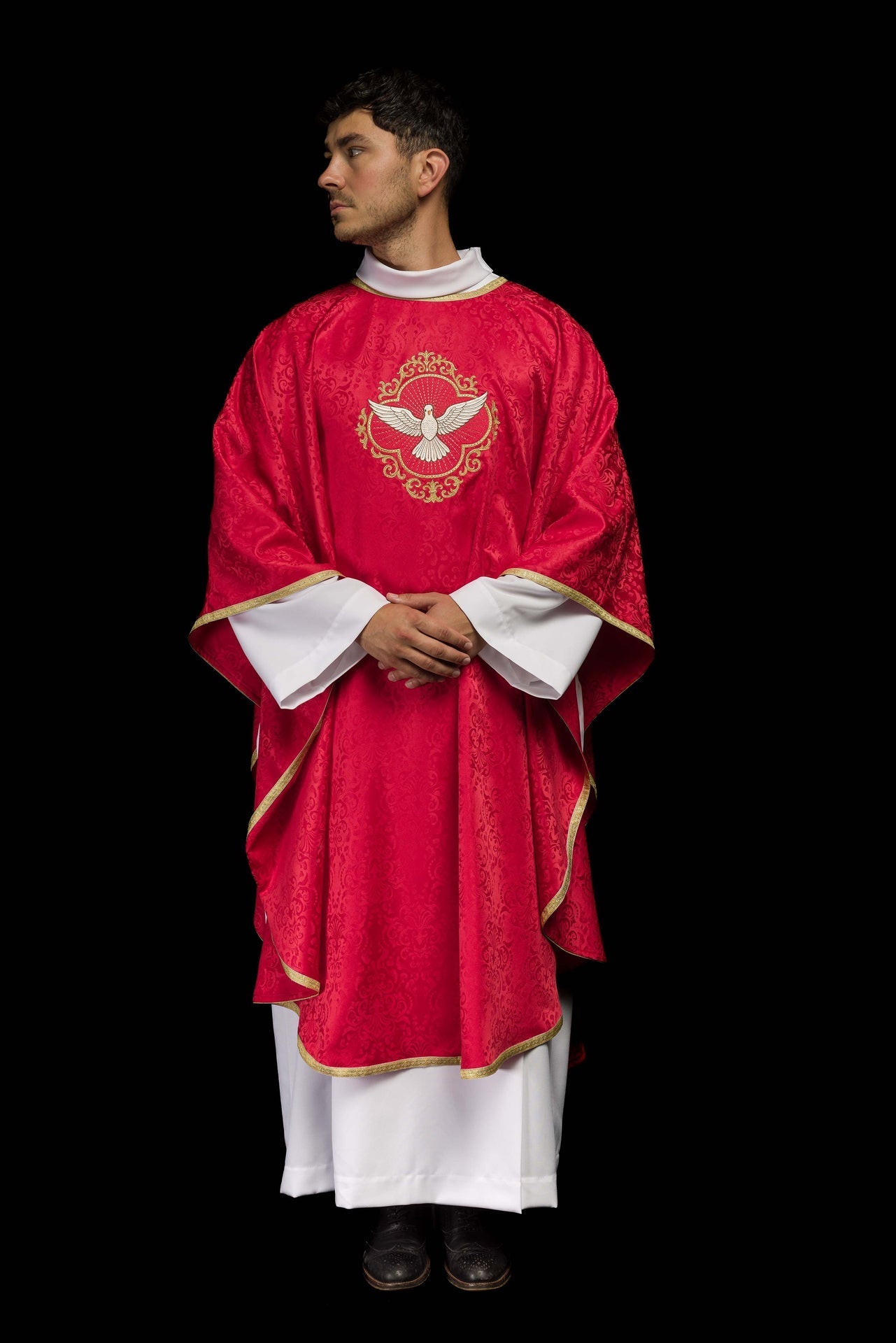 Ornat Liturgiczny z Duchem Świętym Żakard Ecru/Czerwony + Stuła - SZATYLITURGICZNE.PL