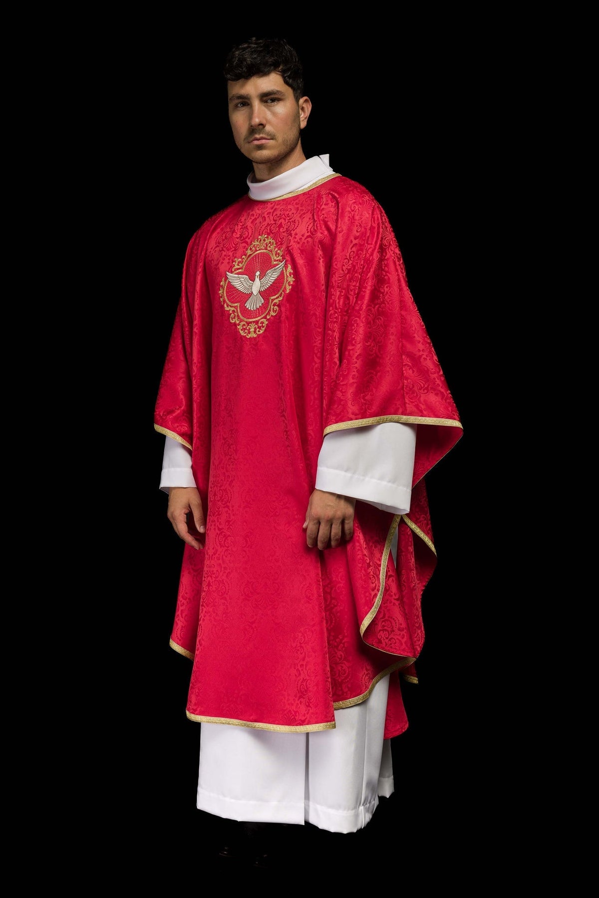 Ornat Liturgiczny z Duchem Świętym Żakard Ecru/Czerwony + Stuła - SZATYLITURGICZNE.PL