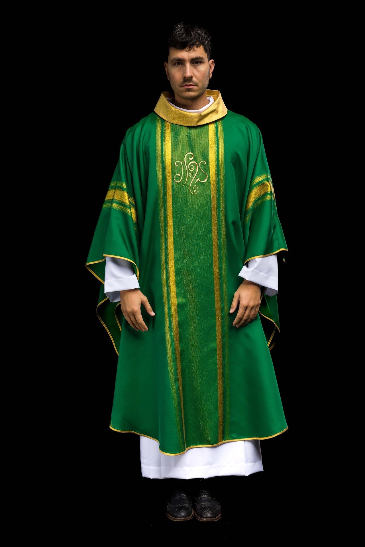 Ornat Liturgiczny Zielony IHS - Haft Złotą Nicią, Elanowełna - SZATYLITURGICZNE.PL