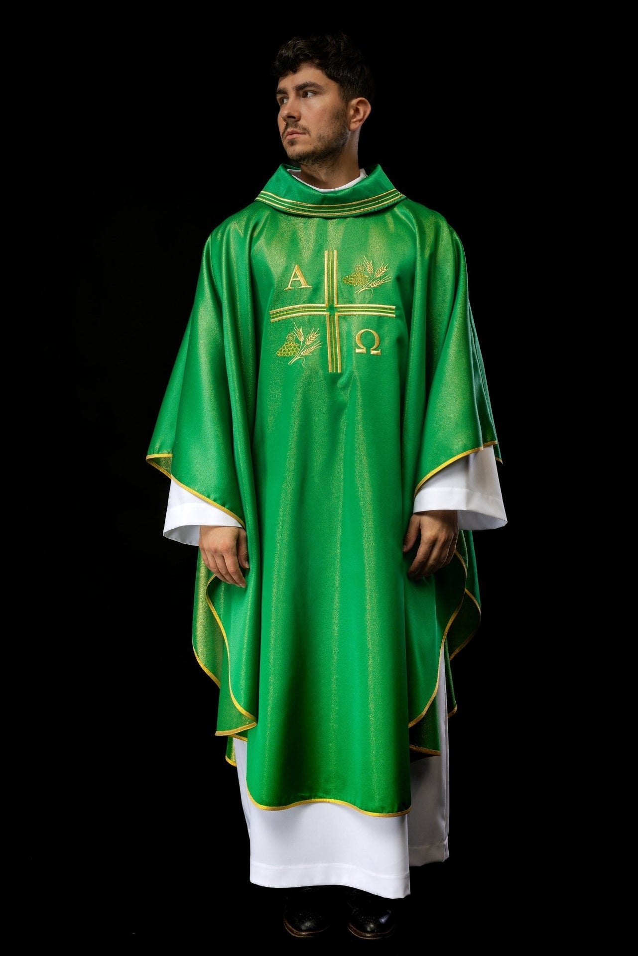 Ornat Liturgiczny Zielony Krzyż Alfa Omega Kłosy - Polski Producent - SZATYLITURGICZNE.PL