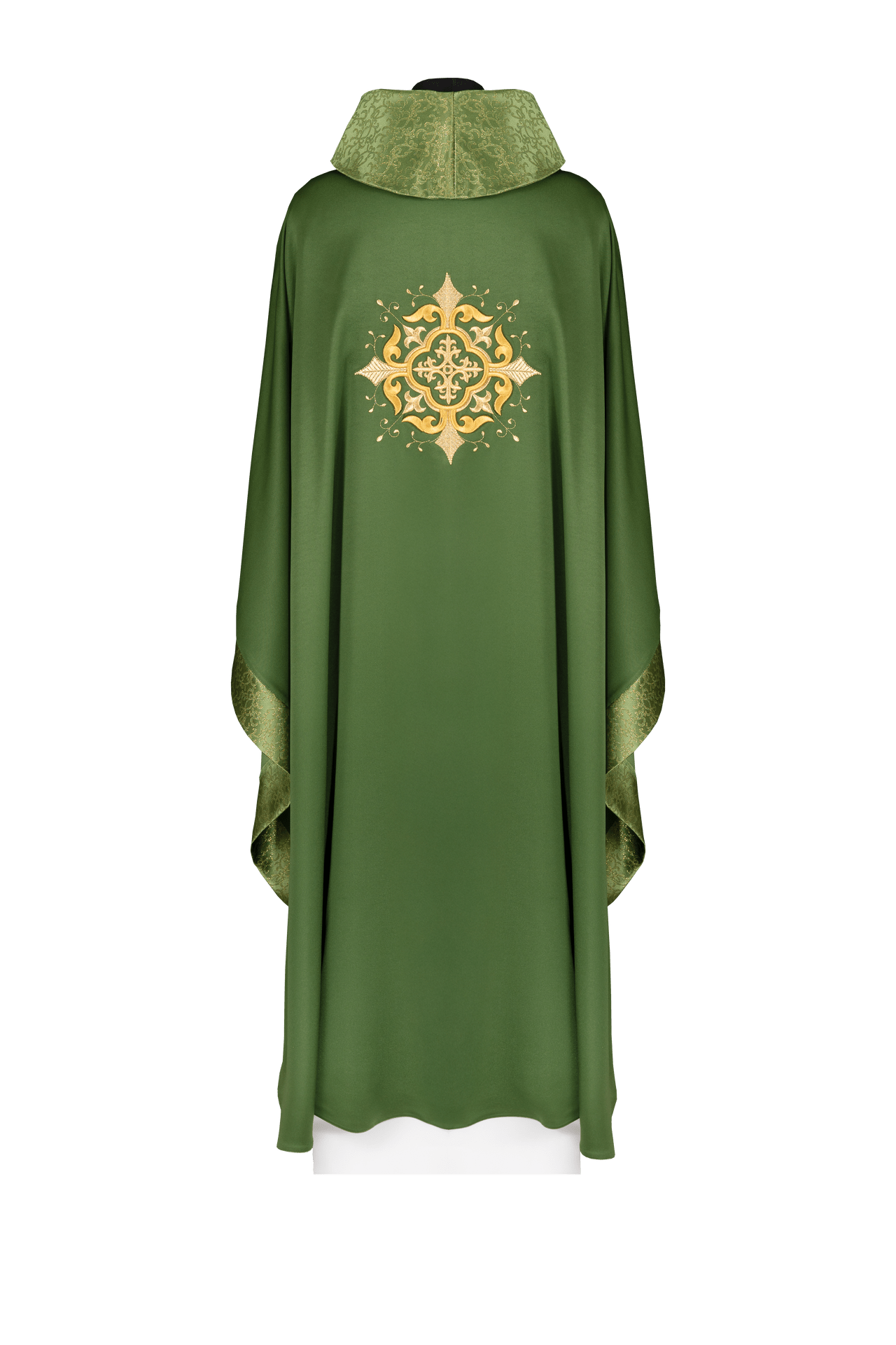 Ornat Liturgiczny Zielony z Haftem Krzyża i Złotą Lamówką - SZATYLITURGICZNE.PL