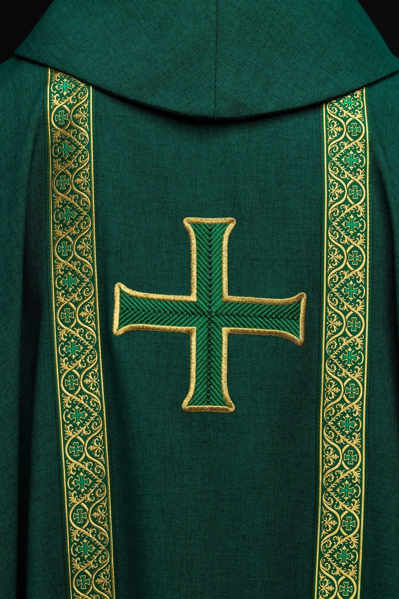 Ornat liturgiczny zielony z haftowanym krzyżem i taśmami żakardowymi - SZATYLITURGICZNE.PL