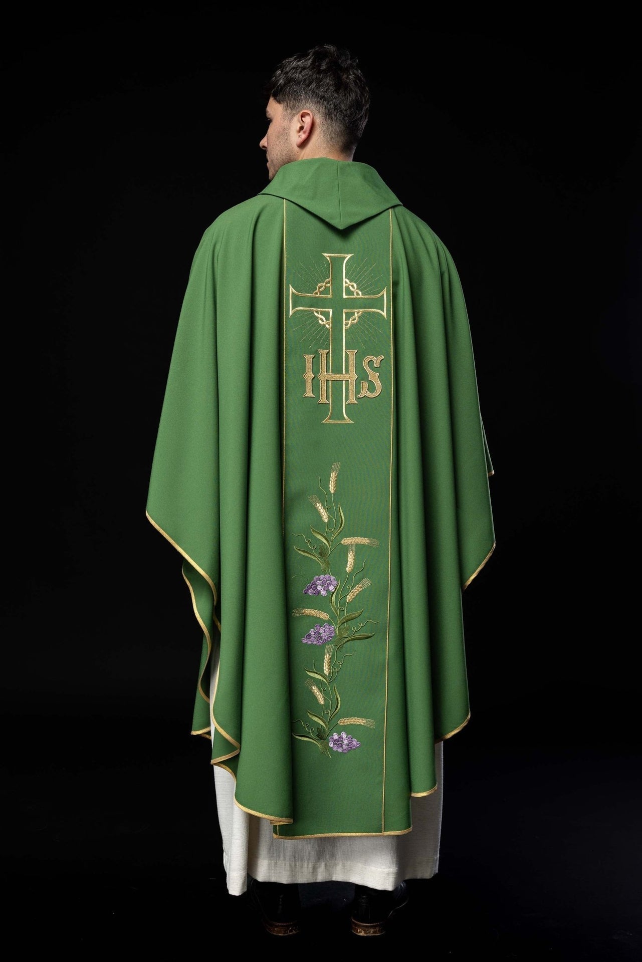 Ornat Liturgiczny Zielony Złoty Pas IHS Kłosy - Komplet ze Stułą - SZATYLITURGICZNE.PL