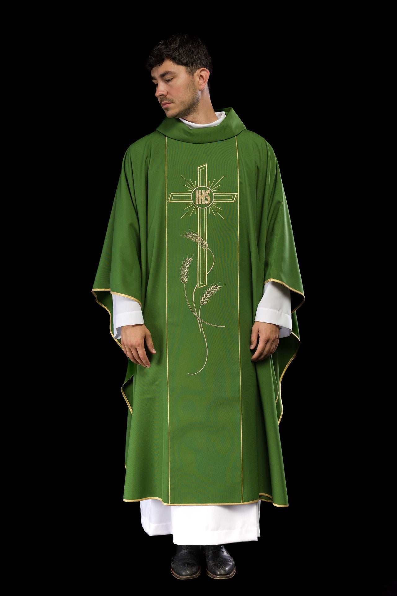 Ornat Liturgiczny Zielony Złoty Pas Krzyż IHS - Polski Producent - SZATYLITURGICZNE.PL