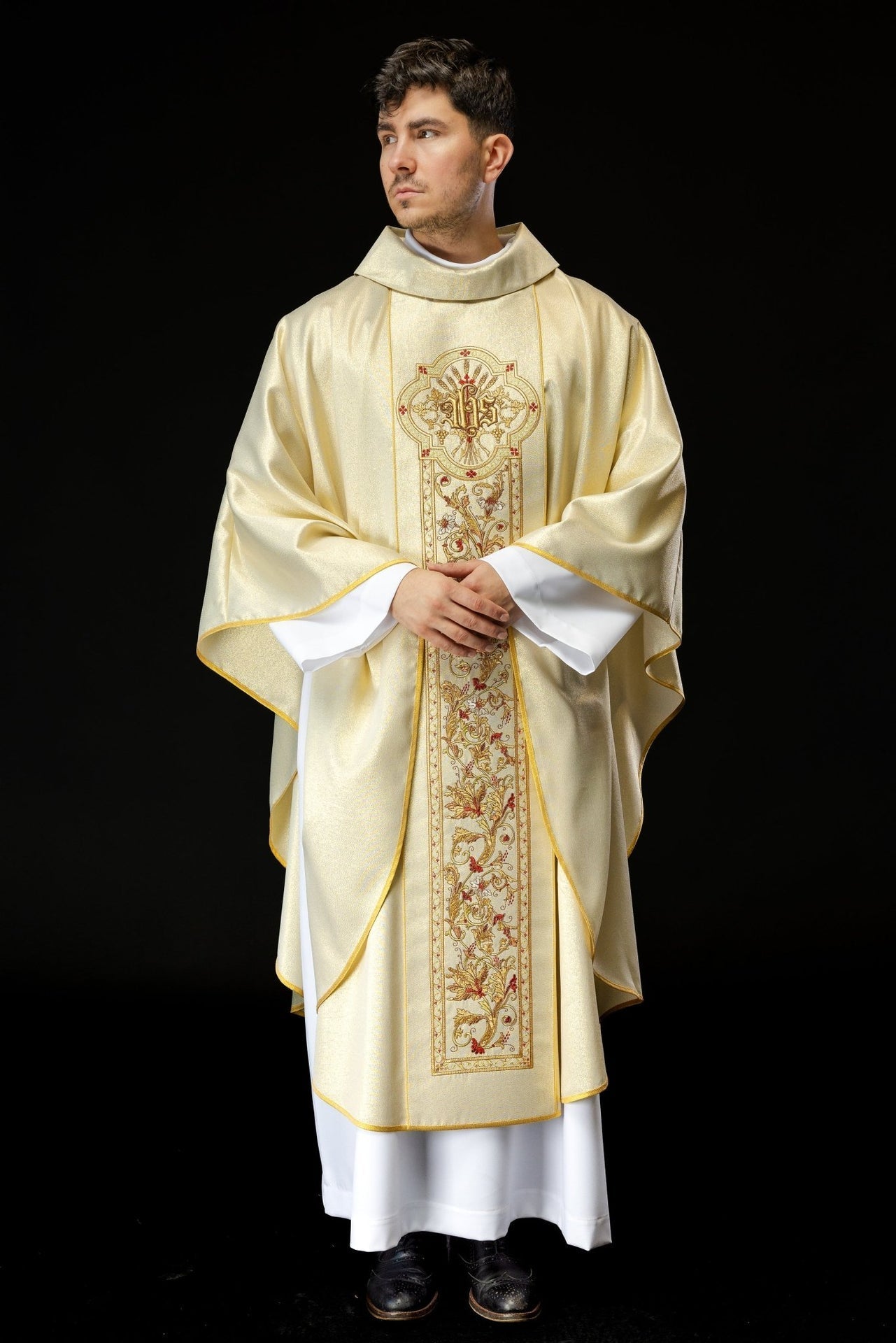 Ornat Liturgiczny Złoty IHS - Bogato Zdobiony, Elanowełna - SZATYLITURGICZNE.PL