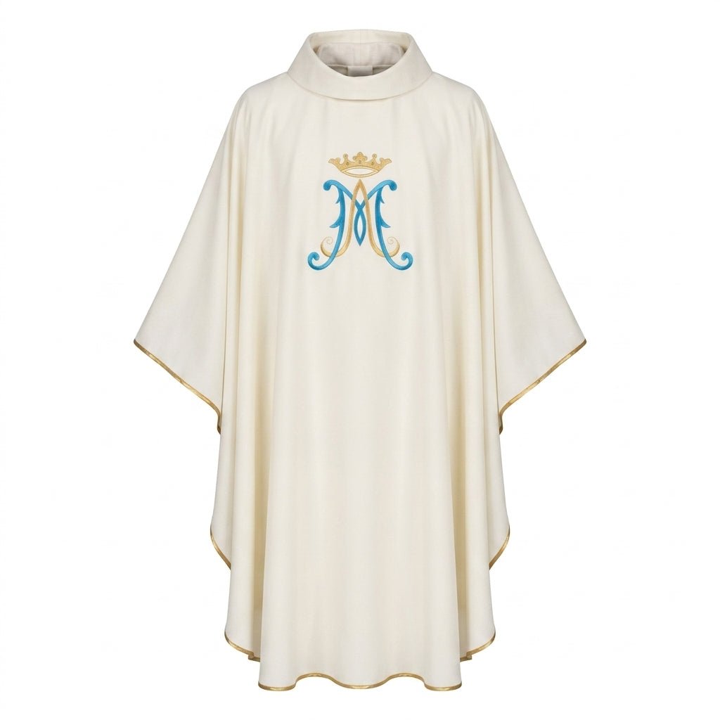 Ornat Maryjny Ecru Haftowany Złotą Lamówką i Herbem - Elegancki - SZATYLITURGICZNE.PL