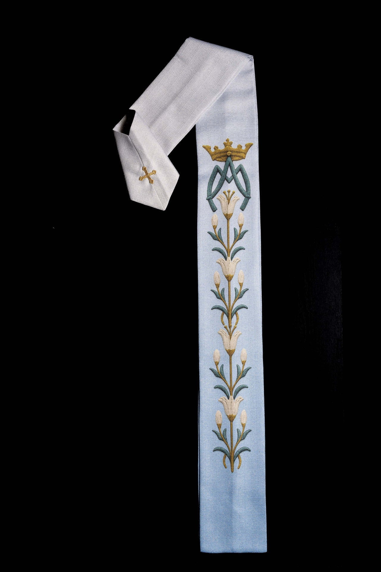 Ornat Maryjny Niebiesko - Ecru Lilie i Monogram - Druk Wysokiej Jakości - SZATYLITURGICZNE.PL