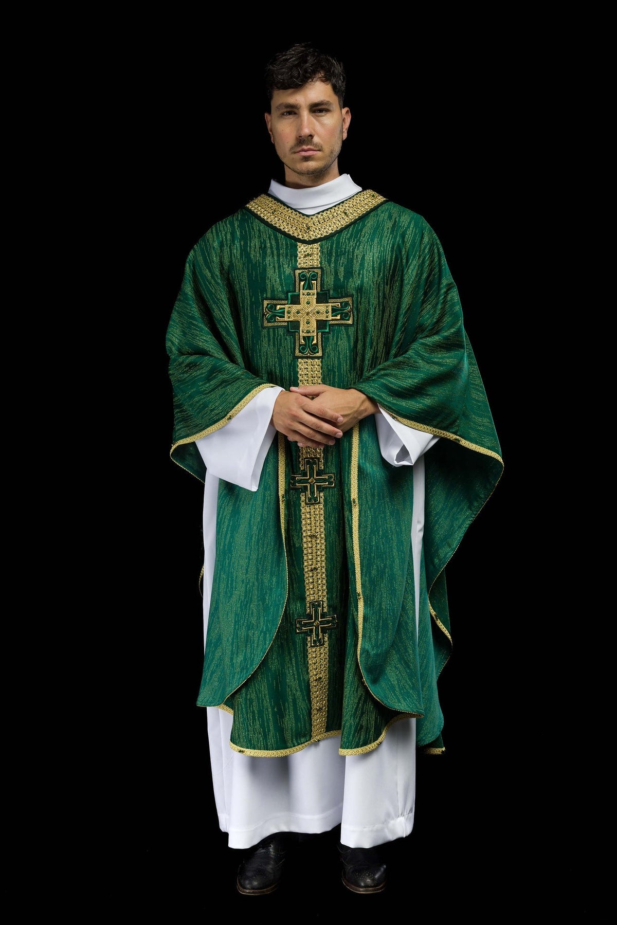 Ręcznie Robiony Ornat z Kamieniami Naturalnymi - Zielony Handmade 7015 - SZATYLITURGICZNE.PL
