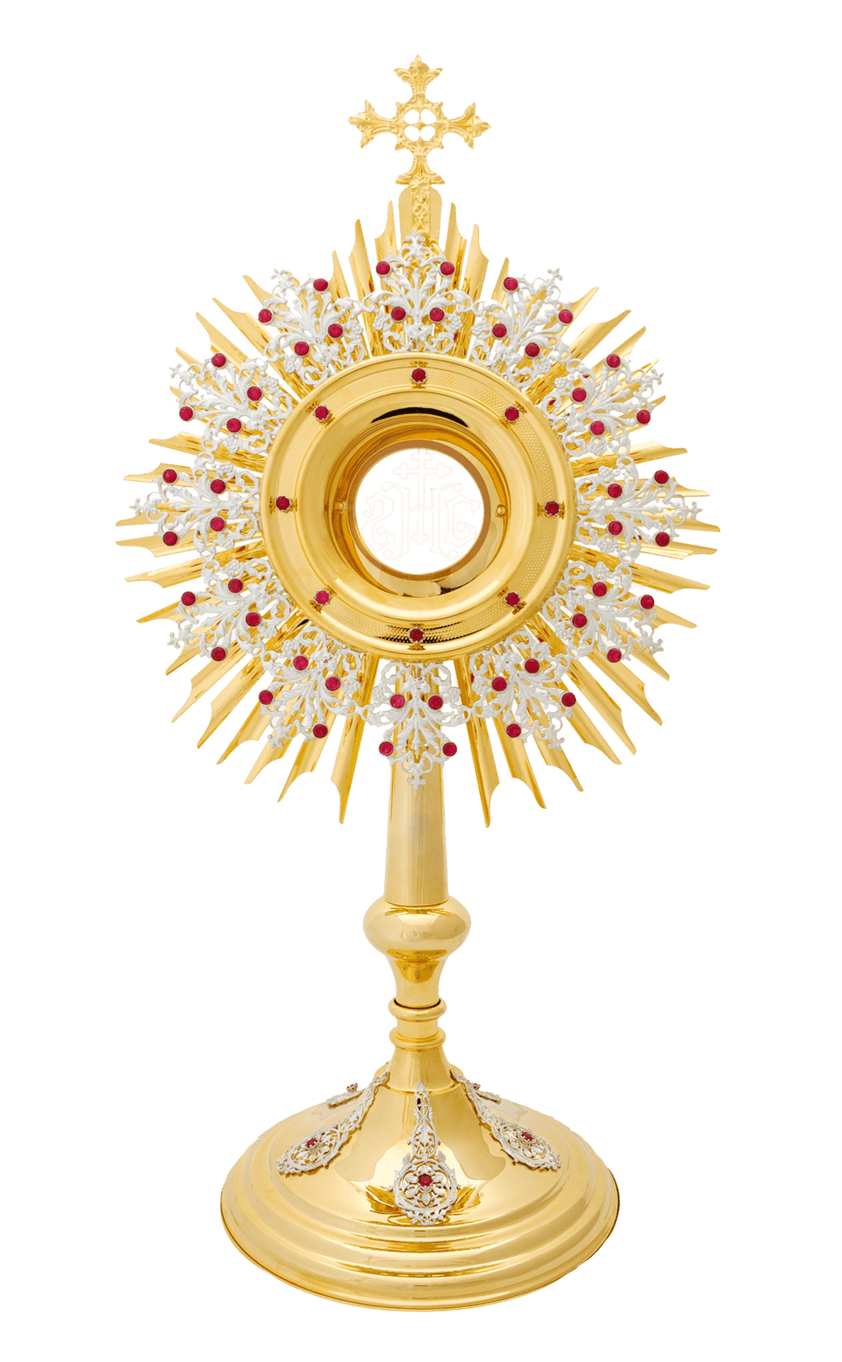 Ręcznie Wykonana Pozłacana Monstrancja z Rubinami - Mosiądz - SZATYLITURGICZNE.PL