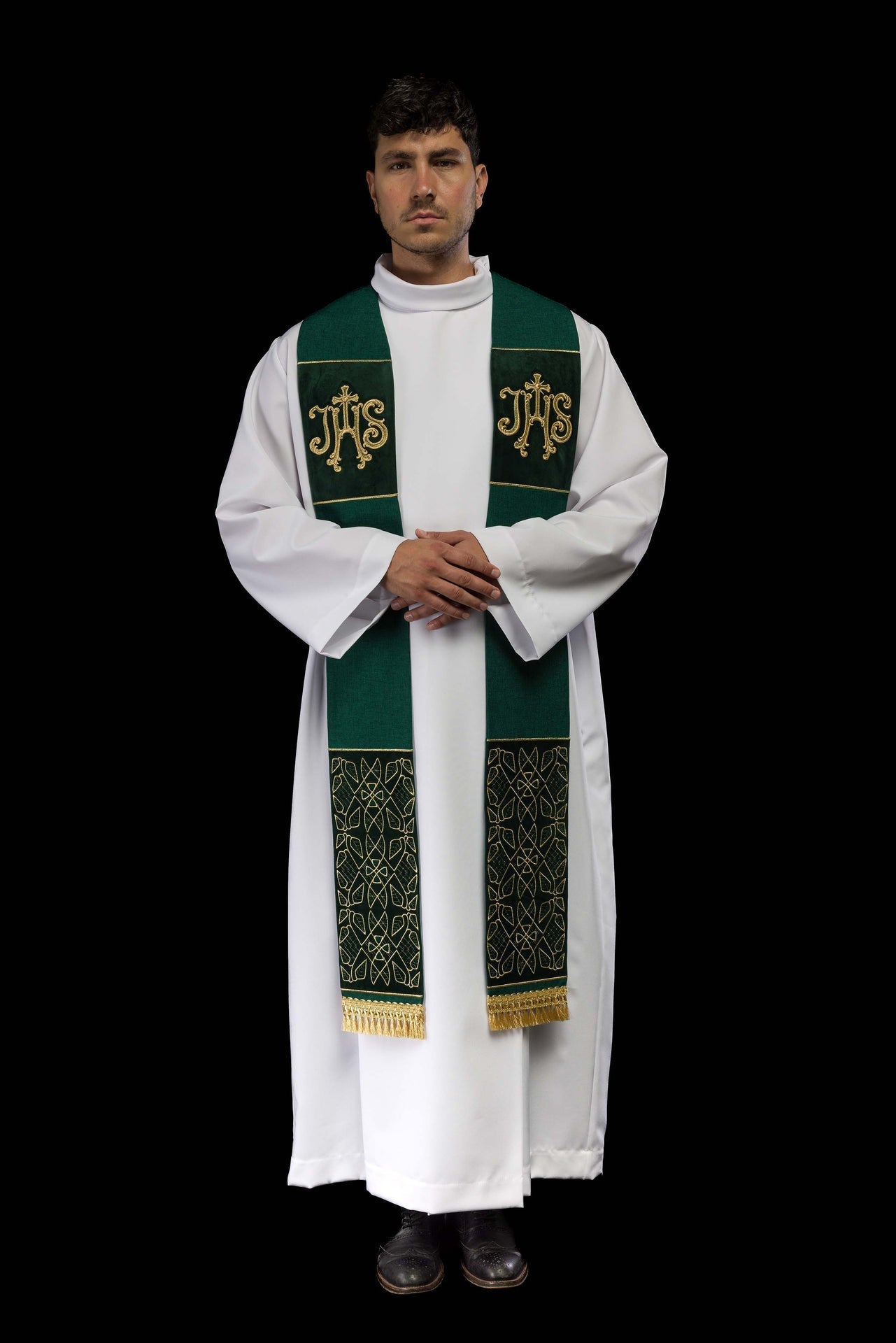Stuła Aksamitna Zielona Haft IHS - Elegancka Liturgia - SZATYLITURGICZNE.PL