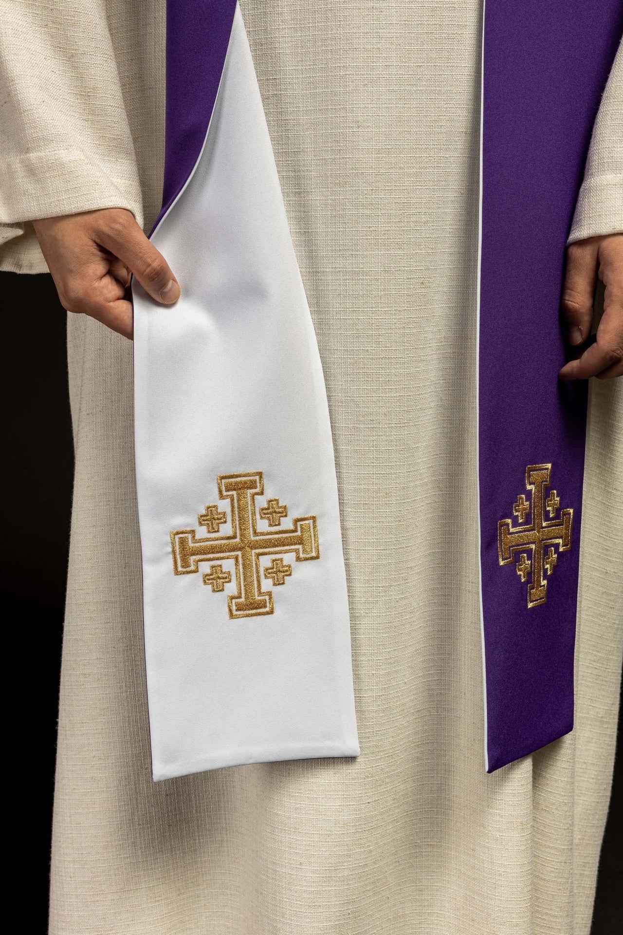 Stuła Dwustronna Liturgiczna Krzyż Jerozolimski - Fioletowo - Biała - SZATYLITURGICZNE.PL