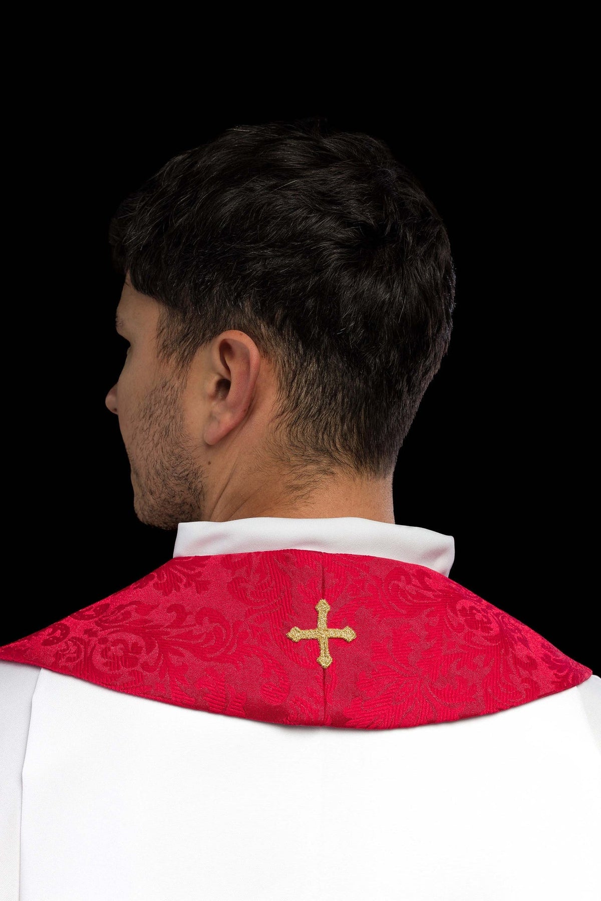 Stuła haftowana czerwona w krzyże żakardowa - SZATYLITURGICZNE.PL
